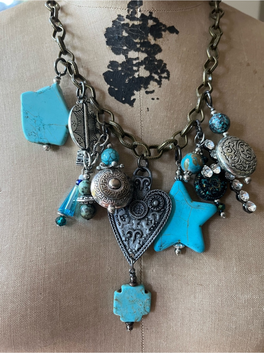 Lost & Found Turquoise look Charm Statement Necklace - Boho Silver Accents